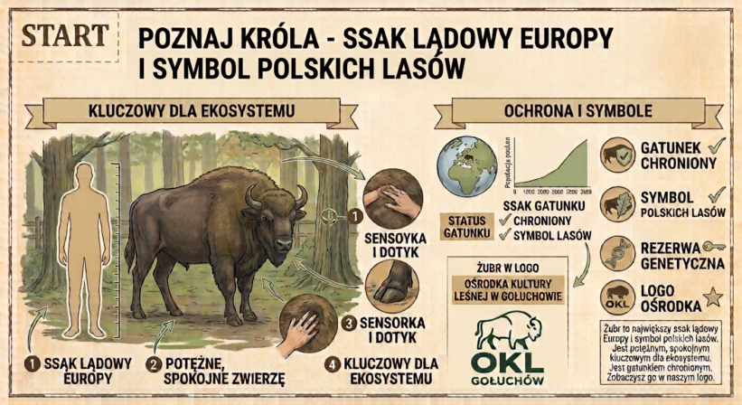 Żubr to największy ssak lądowy Europy i symbol polskich lasów. Jest potężnym, spokojnym zwierzęciem, kluczowym dla ekosystemu. Jest gatunkiem chronionym. Zobaczysz go w naszym logo