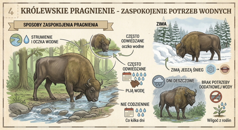 Żubry pragnienie zaspokajają pijąc wodę. Strumienie i oczka wodne są często przez nie odwiedzane. Nie muszą jednak robić tego codziennie, a w dni deszczowe nie jest im potrzebna dodatkowa woda. Zimą jedzą śnieg.