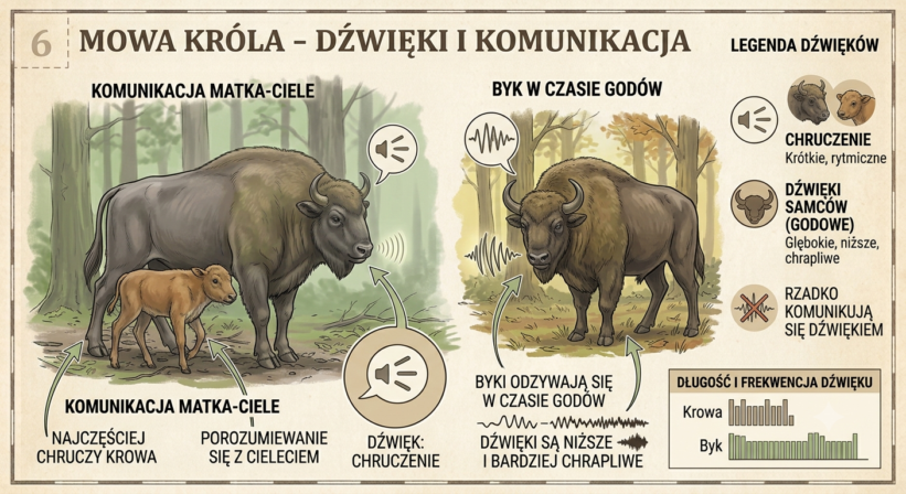 Żubry rzadko komunikują się za pomocą dźwięków. Wydają charakterystyczny głos zwany chruczeniem. Najczęściej chruczy krowa, porozumiewając się z cielęciem. Byki odzywają się w czasie godów. Dźwięki wydawane przez samce są niższe i bardziej chrapliwe.